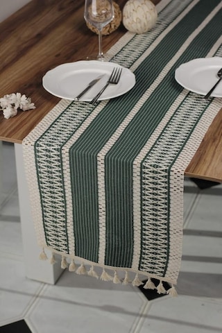 Tropik Home Pamuk Dantel Püsküllü Yeşil Runner, Sunum Örtüsü Dantel Bej 35x145 Cm Runner Masa Örtüsü Diğer