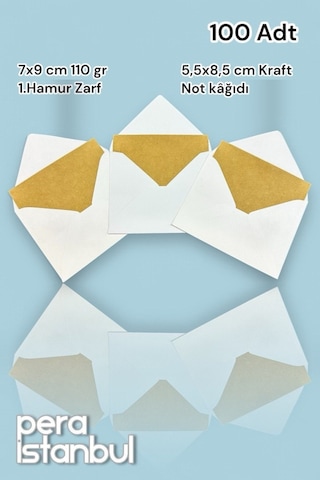 Pera İstanbul 100 Adet Mini Zarf 70mmx90mm Beyaz Zarf Hediye Doğum Günü Dilekleri Zarfı Kraft Not Kartlı