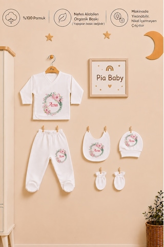Pia Baby İsim Baskılı Kız Bebek Hastane Çıkışı 5'li Zıbın Seti Penye Bebek Battaniyesi Ve Ham Bez Kıyafet Kesesi 1024bzkyx Ekru