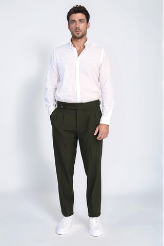 Haki Çift Pileli Tokalı Yüksek Bel Slim Fit Pantolon Wessi Yeşil