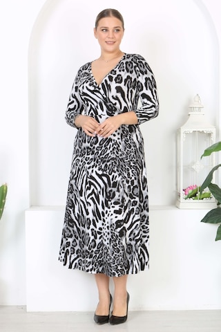 Mooi Xxl Kadın Gri Siyah Leopar Desen Uzun Kol Kruvaze Yaka Büyük Beden Maxi Elbise Gri