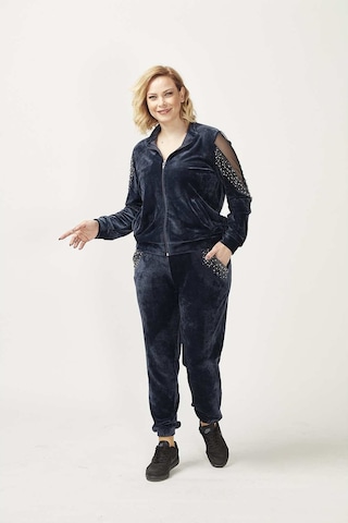 1950 Kolları Taşlı Tam Kalıp Tarz Kadife Büyük Beden Eşofman Takım Lacivert Siyah