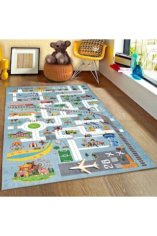 Eğitici Yol Arabalı Çocuk Halısı Mavi