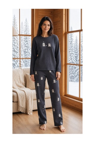 Pemilo Kadın 8811-7 Berlin Uzun Kol Sıfır Yaka Pijama Takım Füme