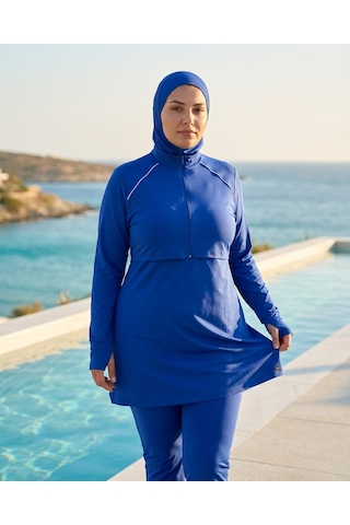 Pierre Cardin Büyük Beden Dik Yaka Yarım Fermuarlı Midi El Dar Paça Likralı Çift Boneli Tesettür Mayo Saks