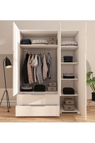 Flora 3 Kapaklı 2 Çekmeceli Gardırop Beyaz Elbise Dolabı