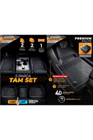 Promats Maximum 4D Siyah Üniversal Havuzlu Paspas 5 Parça