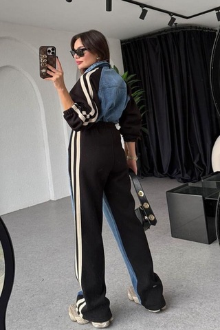 Kadın Kot Garnili Siyah Şeritli Palazzo Alt Üst Takım Çok Renkli