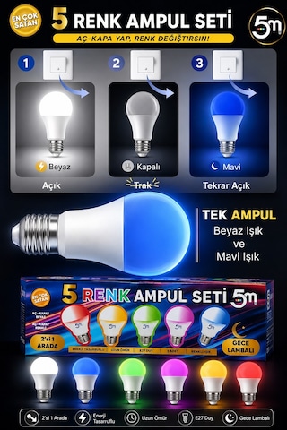 5 Adet Çocuk Odası Gece Lambası Akıllı Gece Lambalı Led Ampul 11w Beyaz +renkler Tasarruflu Çift Mod