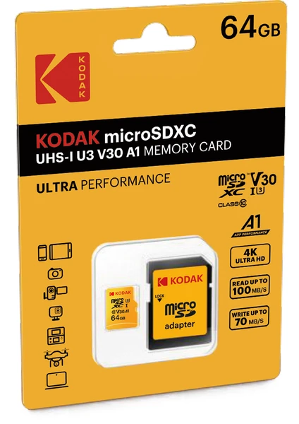 Kodak 64gb Yellow Micro Sd+ Adaptör Hafıza Kartı Uhs-uhs-ı U3/v30/a1 Yüksek Okuma Yazma Hızı Ve 4k Video Desteği