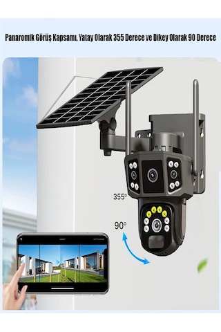 Solar Kamera Güneş Enerjili 1080p Full Hd Çift Kameralı Extra Led Alarm Ses Akıllı Güvenlik Kamerası