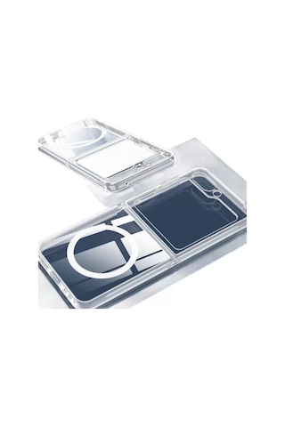 Vendas Galaxy Uyumlu Z Flip 7 Kılıf M-safe Şarj Özellikli Şeffaf Sert Pc Zore Embos Kapak + Kamera Lens + Nano Ekran Koruyucu Şeffaf