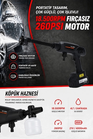 Hx-3000 Profesyonel Yüksek Basınçlı Araç Yıkama Makinesi 260 Psı 18.500 Rpm Çift Bataryalı Şarjlı Tabanca Beyaz