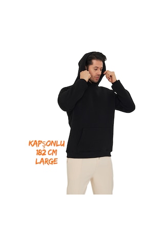 Pxm 3 Iplik Şardonlu Oversize Hoodie Kapüşonlu Ve Kanguru Cepli Siyah Siyah