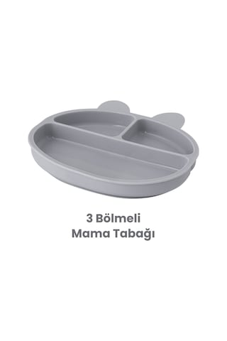 3'lü Silikon Beslenme Seti Bpa Free, Silikon Mama Önlüğü + Vakumlu 3 Gözlü Tabak + 2 Adet Kaşık