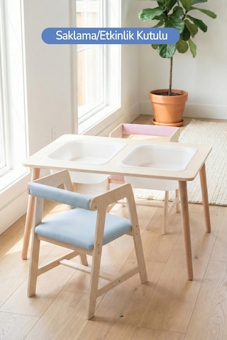 Montessori Çocuk Ahşap Oyun Etkinlik Çalışma Masası, 2 Sandalye Seti Ahşap