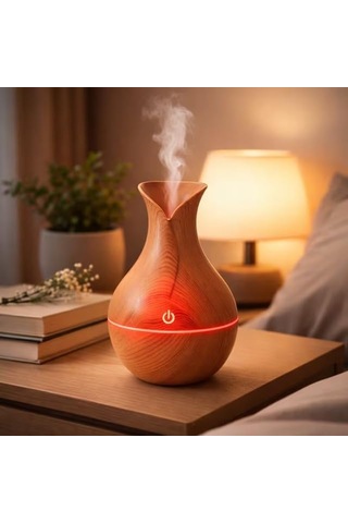 Ahşap Görünümlü Aroma Difüzörü Led Işıklı Sessiz Hava Nemlendirici Ev Ve Yatak Odası İçin Hava Nemlendirici Buhurdanlık Aroma Hediyeli Açık Kahve