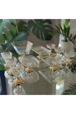 Assa Bazaar 10 Parca Gold Metal Ayaklı Pasta - Salata - Tatlı - Kase Ve Servis Sunum Seti