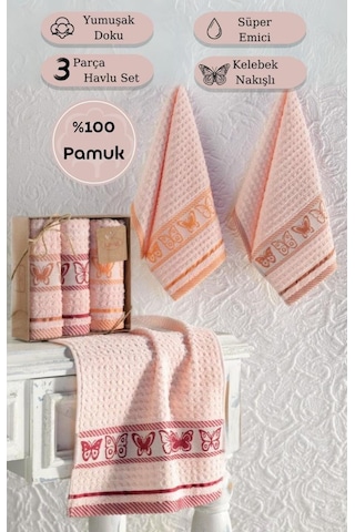 Mutfak Havlu Seti 3 Lü Jakarlı Pamuk Butterfly Pembe