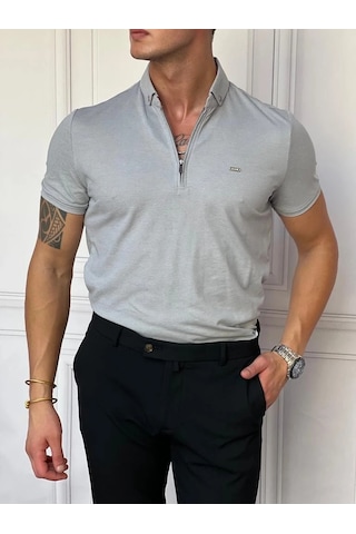 Modefendi Pamuk Likra Slim Fit Kalıp Bebe Yaka Fermuarlı Tshirt Gri