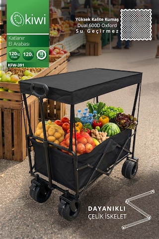 Kiwi KFW-391 Katlanabilir 120 KG Çift Tekerli Tenteli Kamp Piknik Plaj Pazar ve Market Arabası