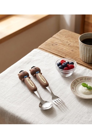 Sevimli Figürlü Premium Çocuk Bpa Free Paslanmaz Çelik Uçlu Çatal-kaşık Set 24+ Ay Kahverengi