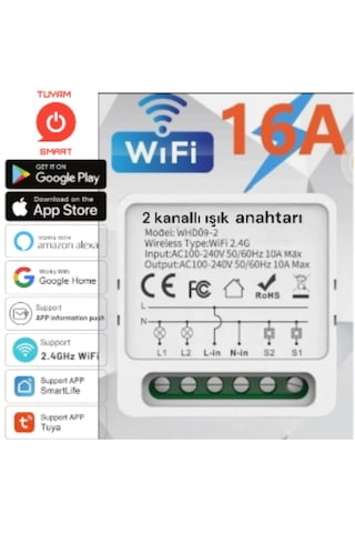 TUYA DESTEKLİ 2 KANALLI AKILLI  IŞIK  ANAHTARI