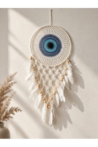 Nazar Motifli Düş Kapanı Rüya Kapanı Dream Catcher Beyaz Tüylü Bohem Duvar Süsü Bohem El Yapımı Düş Kapanı 53035216