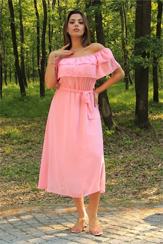 Neşeli Butik Kadın Pembe Kuşaklı Madonna Yaka Baby Shower Elbise Nb8060 Pembe