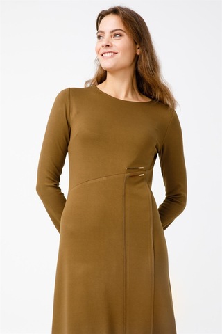 Asimetrik Cıt Cıt Aksesuarlı Elbise Haki Haki