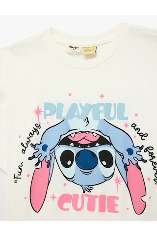 Koton Lisanslı Stitch Baskılı Ekru Kız Çocuk T-shirt 6skg10180ak Ekru