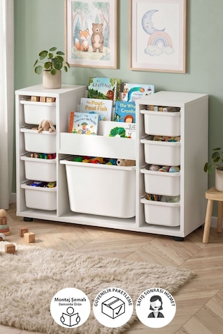 9 Sepetli Dolap Oyuncak Dolabı Çok Amaçlı Dolap Montessori Kitaplıklı Aden Beyaz