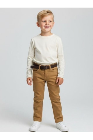 Zekids Erkek Çocuk Kemerli Gabardin Pantolon-16347 Bej