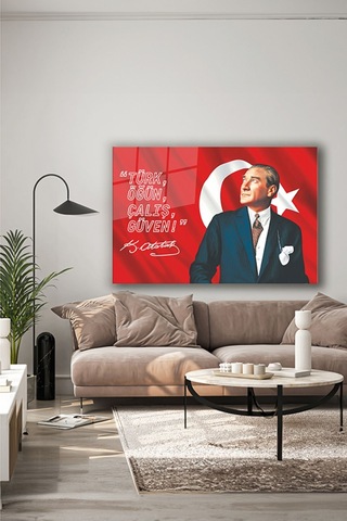 Atatürk Ve Türk Bayrağı Özel Tasarım Yatay Cam Tablo