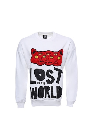 Wessi Beyaz Baskılı Desenli Bisiklet Yaka Sweatshirt Beyaz