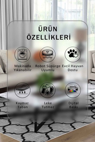 Yıkanabilir Kaymaz Taban Dijital Baskılı Halı Ve Yolluk Leke Tutmaz Salon & Mutfak Halısı - 0510 Gri