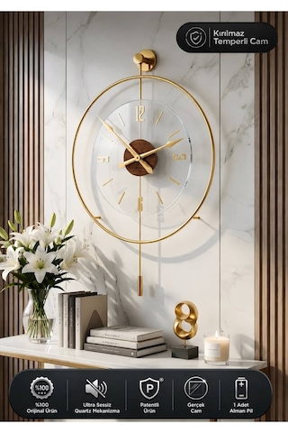 Metaquartz Aksesuar Masif - Luxry Şefaf Tamperli Kırılmaz Cam - 50 Çap - Quartz Mekanizma - Metal Duvar Saati Gold