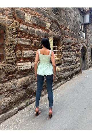 WeShaya Mint Pamuk Polyester Kare Yaka Bluz Mint