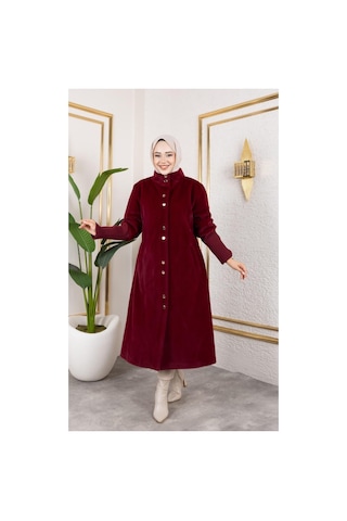 Hb Harma Time Butik Kadın Astarlı Angora Düğmeli Bordo Kaban Bordo Bordo