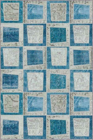 Turkuaz Patchwork Kaymaz Tabanlı Dekoratif Halı Rv224n11