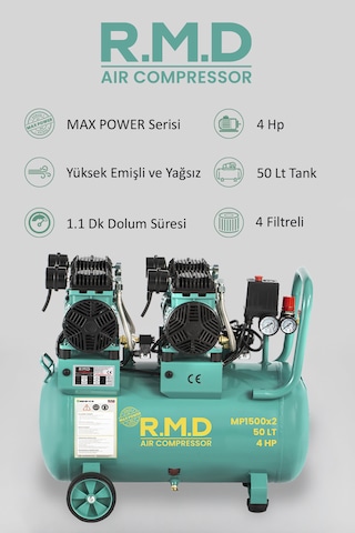R.m.d Kompresör 50 Lt Yüksek Emişli Yağsız Teknoloji Hava Kompresörü - I Mp1500x2