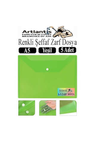 Yeşil A5 Çıtçıtlı Dosya Şeffaf Renkli Zarf Dosya 5 Adet 17x22 Cm Çıt Çıtlı Dosya Su Geçirmez 50 Yaprak Kapasiteli