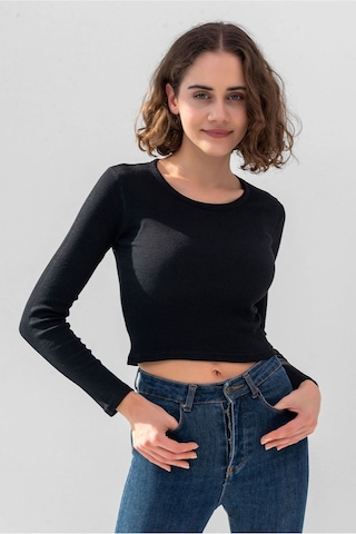 Gri Uzun Kollu Fitilli Bluz Crop Örme T-shirt Siyah