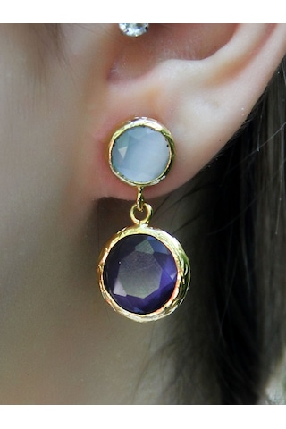 İkili Yuvarlak Modelli Kedigözü Cam Gold Kaplamalı Kadın Küpe Euku25bl Lacivert