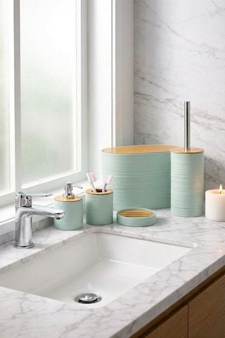 Makri Home 6 Parça Su Yeşili Banyo Seti, Bambu Detaylı, 8l Çöp Kovası 24x26x16 Cm Mint Yeşili