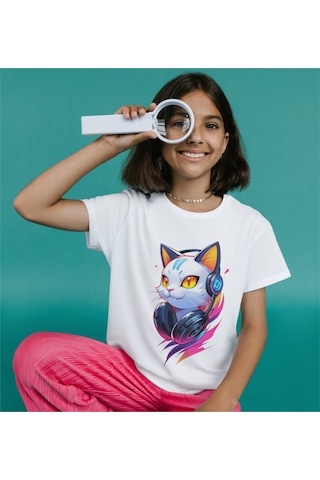 Alpşan Ticaret Kedi Baskılı Tişört Yetişkin Beyaz T-shirt Cat Unisex Çocuk Tişört Beyaz