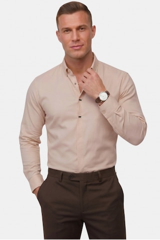 Deep Sea Deepsea Toprak Slim Fit Likralı Kolay Ütülenebilir Gizli Düğmeli Erkek Gömlek 2602614 Kahverengi