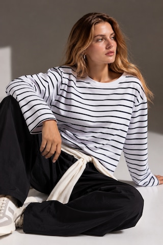 Wild Bee Kadın Siyah Beyaz Çizgili Pamuklu Bisiklet Yaka Oversize Bluz