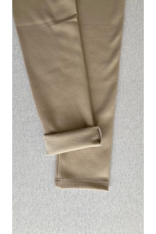 Haki Yüksek Bel Fitilli Toparlayıcı İnterlok Örme Şardonlu Spor Kışlık Tayt Bej