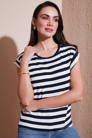 Lela Çizgili Oversize Fit Bisiklet Yaka Bayan T Shirt 5866103 Lacivert